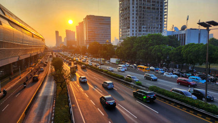 Traffic on the road at sunset in Jakarta, Indonesiaの写真素材
