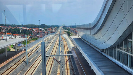a view of a train track from an elevated platformの写真素材