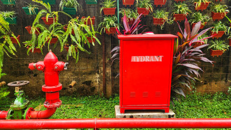 Red fire hydrant on the wall background.の写真素材