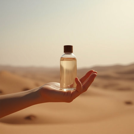 Female hand holding a bottle of perfume in the middle of the desertの写真素材