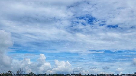 Blue sky with white clouds background. Sky with clouds weather nature cloud blueの写真素材