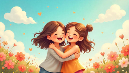 Two happy little girls hugging each other on the background of flowers.の素材