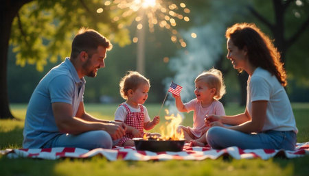Happy family having picnic in summer park. Mother, father and children having barbecue partyの素材