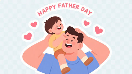 Happy Father's Day greeting card. Dad holds his son in his arms. Vector illustration.の素材