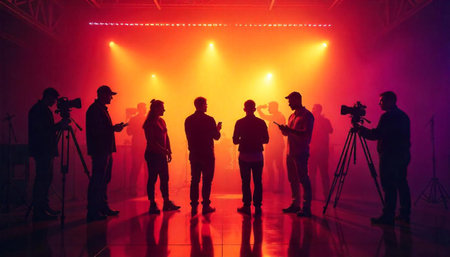 Silhouette of a group of photographers in front of the stage lightingの素材