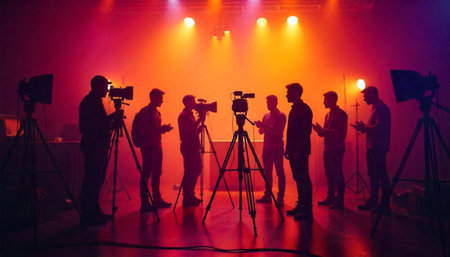 Cameraman and videographer working with camera on the stage in a nightclubの素材