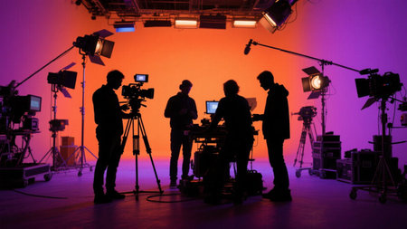Silhouette of a movie crew working in a studio. Filmmaking.の素材