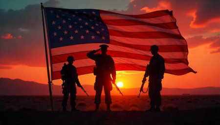 Silhouette of soldiers with the american flag at sunset.の素材