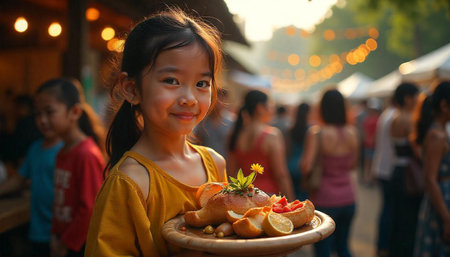 Asian girl holding a plate of food in the outdoor market, Thailand.の素材