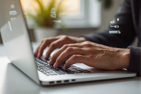 Close up of male hands typing on laptop keyboard. Businessman working at office desk.の素材
