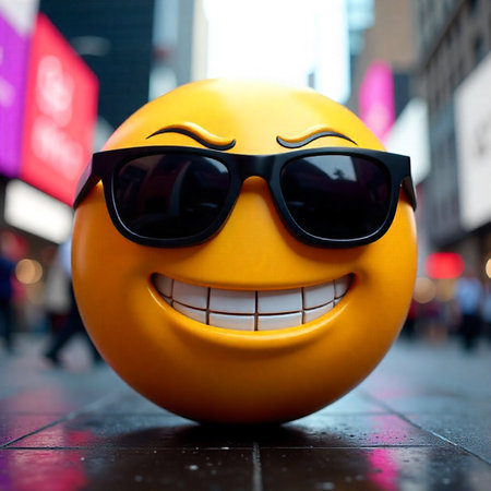Funny yellow smiley face with sunglasses in New York City.の素材