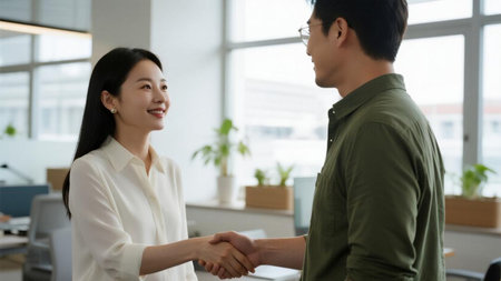Business people shaking hands in office. Businessman and businesswoman greeting each other with handshake. Business concept.の素材