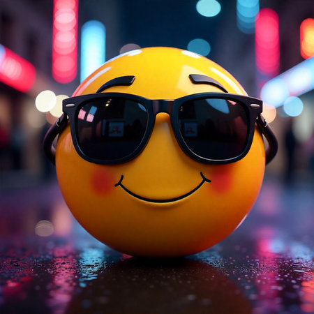 Funny yellow smiley face with sunglasses on a dark background.の素材