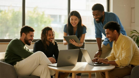 Group of young multiethnic business people working together on laptop and tablet computer in modern office. Multiethnic startup team brainstorming on meeting.の素材