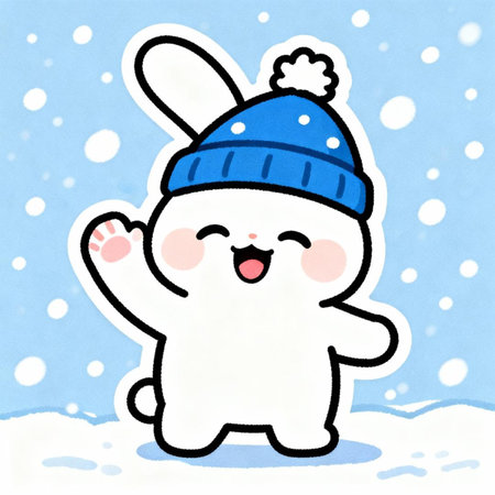 Cute cartoon snowman in winter hat and scarf on snow backgroundの素材