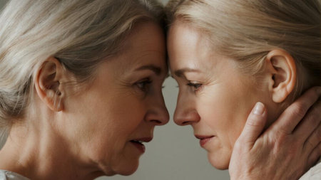Close up portrait of senior mother and adult daughter looking at each otherの素材