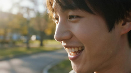 Close up portrait of a young man smiling at the camera in parkの素材