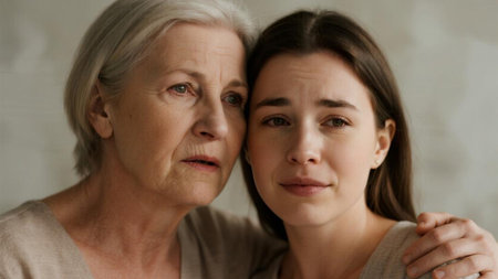 Close up portrait of senior mother and adult daughter looking at camera at homeの素材