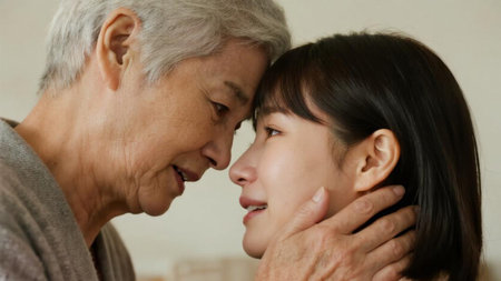 asian senior woman and her daughter looking at each other with loveの素材