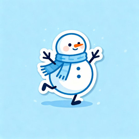 Cute cartoon snowman on a blue background. Vector illustration.の素材