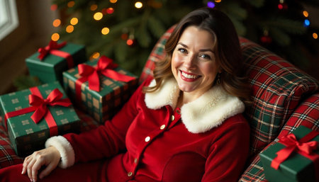 Portrait of beautiful woman in santa claus clothes sitting near christmas treeの素材