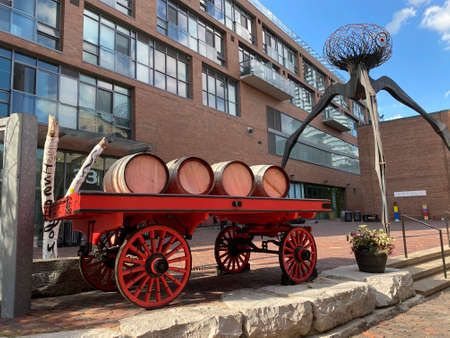 Toronto, Ontario / Canada - june 29 2020: Photography of an vintage old wagon cart carrying wooden...