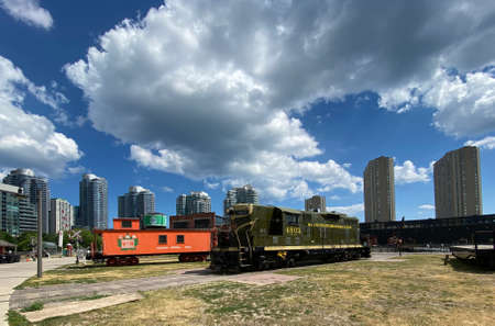 Toronto, Ontario / Canada - June 28 2020: Cityscape photography of toronto, showing skyscrapers along an old train station at the old roundhouse station. Ideal for architectural backgrounds.のeditorial素材