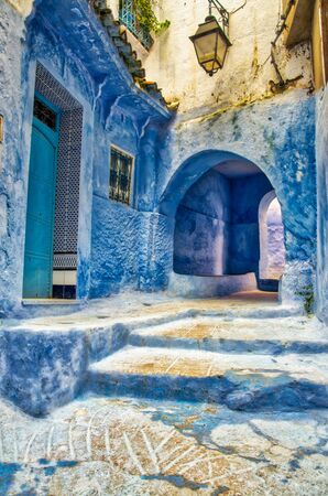Street with stairs in Medina of Chefchaouen, Morocco. Chefchaouen or Chaouen is known that the houses in this old town are painted in the striking, variously blue huedのeditorial素材