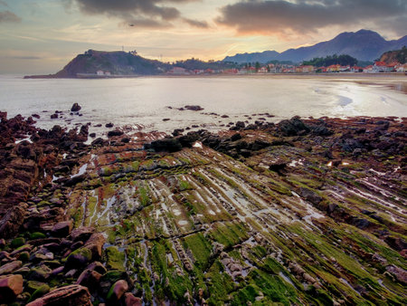 Ribadesella coast and village, Asturias, Spainの写真素材