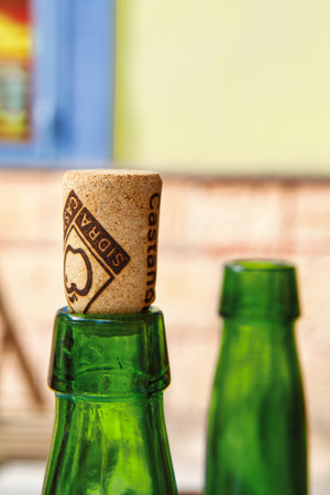 Detail of a cork and cider bottles, Nava village, Comarca de la Sidra, Asturias, Spain