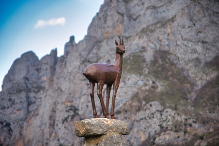 El Tombo viewpoint with a chamois silhouette, Picos de Europa National Park, Valdeon valley, Castile Leon, Spainの写真素材
