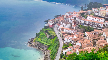 Lastres fishing village seen from San Roque balcony, Asturias, Spain, Europeの写真素材