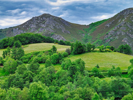 Mountains and meadows near Paramo village,Teverga, Ubiの写真素材