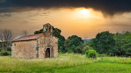 San Esteban de Aramil romanesque church, also known as San Esteban de los Caballeros, 12th century,...