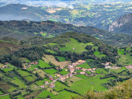 Aerial view of La Cotina village, Morcin municipality, Asturias, Spainの写真素材