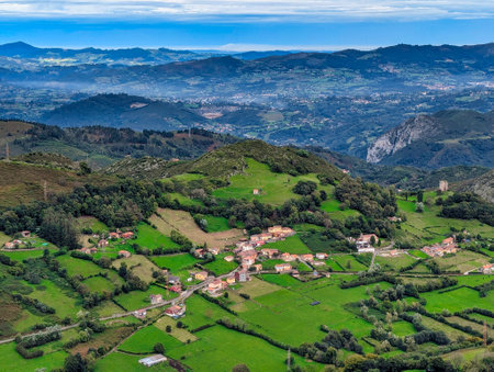 Aerial view of La Cotina village, Morcin municipality, Asturias, Spainの写真素材