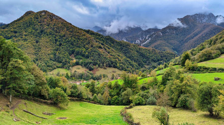 Woods and mountains near Felechosa village, Aller, Asturias, Spainの写真素材