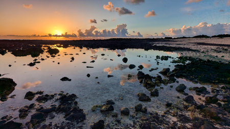 Sunrise over the north coast of Lanzarote, Mojon Blanco Caleta beach, Canary Islands, Spain