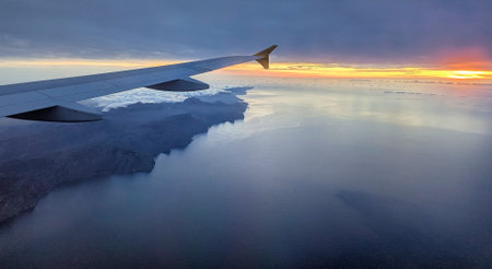 Majorcan coastline landscape from a plane arriving the island at sunset, Balearic islands, Spain
