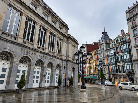 Facade of the Campoamor Theater and modernist buildings on a rainy day, Oviedo city, Asturias, Spainの写真素材