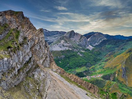 Somiedo valley from El Robezu peak and La Peral village in background, Somiedo Natural Park. Asturias. Spainの写真素材