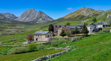 Santa Maria del Puerto village, Somiedo Natural Park, Asturias, Spainの写真素材