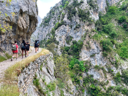 People walking on the route of the Ruta del Cares Canyon, in the Picos de Europa National Park, between Asturias and Leon provinces, Spainの写真素材