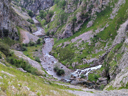Cares river and Canyon, Picos de Europa National Park, between Asturias and Leon provinces, Spainの写真素材