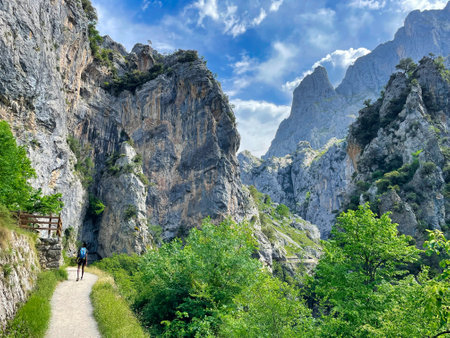 People walking on the route of the Ruta del Cares Canyon, in the Picos de Europa National Park, between Asturias and Leon provinces, Spainの写真素材