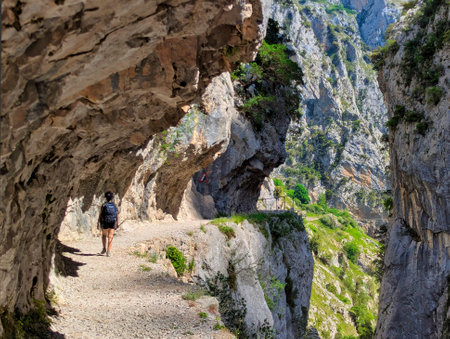 People walking on the route of the Ruta del Cares Canyon, in the Picos de Europa National Park, between Asturias and Leon provinces, Spainの写真素材