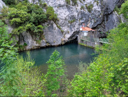 Weir near Cain village at the beginning of the Ruta del Cares route, Picos de Europa National Park, Valdeon council, Leon province, Spainの写真素材