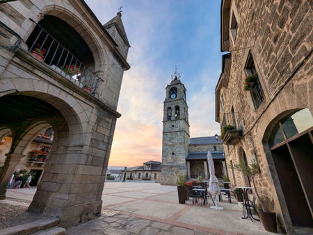 Santa Maria del Azogue church and main square, Puebla de Sanabria, Zamora, Spainの写真素材