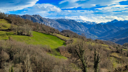 Meadows and forests near the village of Villamayor and Peの写真素材