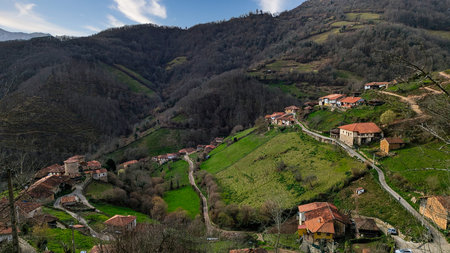 Aerial view, Trubia valley, Proaza municipality, Asturias, Spain